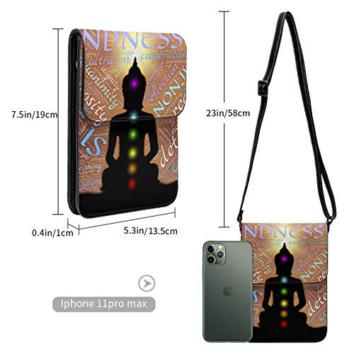 Zen Meditación Buda Compasión Ilustración Bolso pequeño de cuero para teléfono celular Crossbody para mujeres Bolsas de hombro Titular de la tarjeta monedero con correa ajustable Regalos