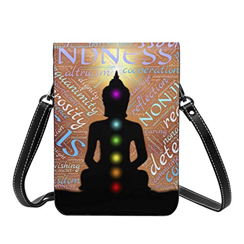 Zen Meditación Buda Compasión Ilustración Bolso pequeño de cuero para teléfono celular Crossbody para mujeres Bolsas de hombro Titular de la tarjeta monedero con correa ajustable Regalos