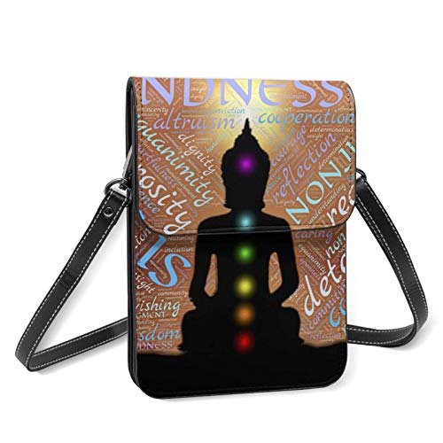 Zen Meditación Buda Compasión Ilustración Bolso pequeño de cuero para teléfono celular Crossbody para mujeres Bolsas de hombro Titular de la tarjeta monedero con correa ajustable Regalos