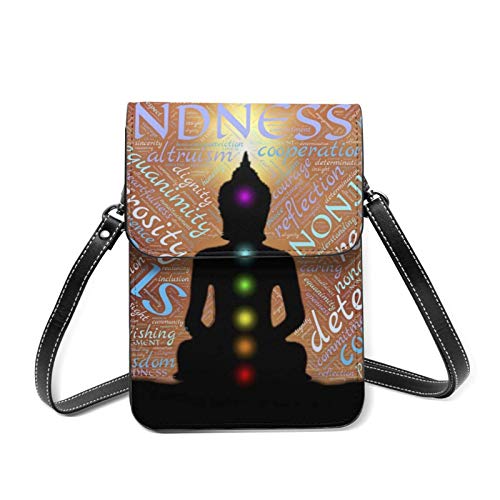 Zen Meditación Buda Compasión Ilustración Bolso pequeño de cuero para teléfono celular Crossbody para mujeres Bolsas de hombro Titular de la tarjeta monedero con correa ajustable Regalos