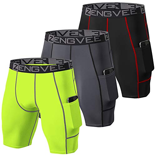 ZENGVEE 3 Piezas Mallas Cortas Hombre Running Pantalones Cortos Hombre de Mallas para Deporte, Fitness, Gym(Black Grey Yellow-L)