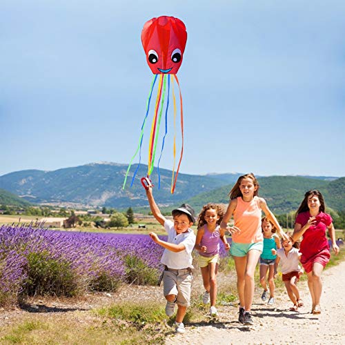 ZERHOK 2 Piezas Cometas de Pulpo Cometa Grande para Niños Cometa Infantil Arcoiris Fácil de Volar para Actividades al Aire Libre Viaje Playa Adultos Chicos Niñas(Rojo y Azul)