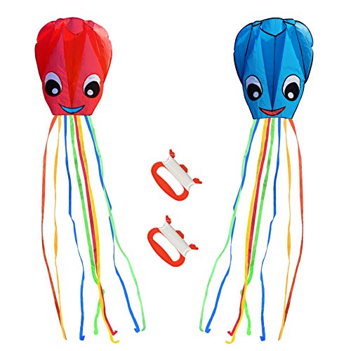 ZERHOK 2 Piezas Cometas de Pulpo Cometa Grande para Niños Cometa Infantil Arcoiris Fácil de Volar para Actividades al Aire Libre Viaje Playa Adultos Chicos Niñas(Rojo y Azul)