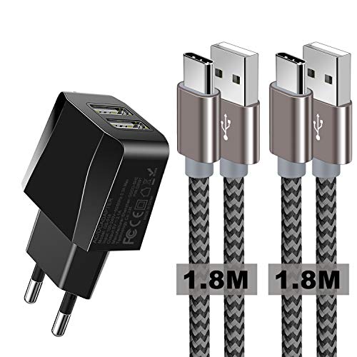 Zeuste Cargador Móvil con 2 Puertos USB Compatible con la mayoría de Dispositivos móviles,2-Pack 1.8M Cable USB Tipo C(Gris) para Samsung Galaxy S9/S8+/Nota 8,Sony Xperi,Huawei P9 Zeuste Cargador Móvil con 2 Puertos USB Compatible con la mayoría de Dispositivos móviles,2-Pack 1.8M Cable USB Tipo C(Gris) para Samsung Galaxy S9/S8+/Nota 8,Sony Xperi,Huawei P9