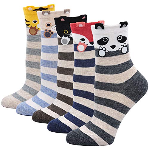 ZFSOCK Calcetines de Mujer Divertidos de Algodón, Patrón de Dibujos Animados Lindo Animal Perro Gato, 5 pares, Tamaño 36-42