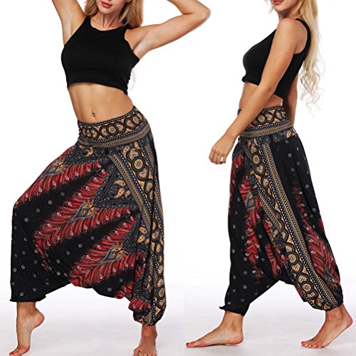 Zhuhaitf Mujer Súper Suave Pantalones Harem de Yoga Estilo étnico indonesio Impreso Pantalones Anchos de Pierna Floja Adecuado para Yoga Vientre Baile Aptitud