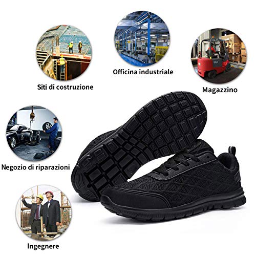 Ziboyue Zapatillas de Seguridad para Hombre Mujer Ligero Transpirable Calzado de Trabajo con Punta de Acero Anti-Pinchazo Zapatos de Seguridad (Negro Puro,42 EU)