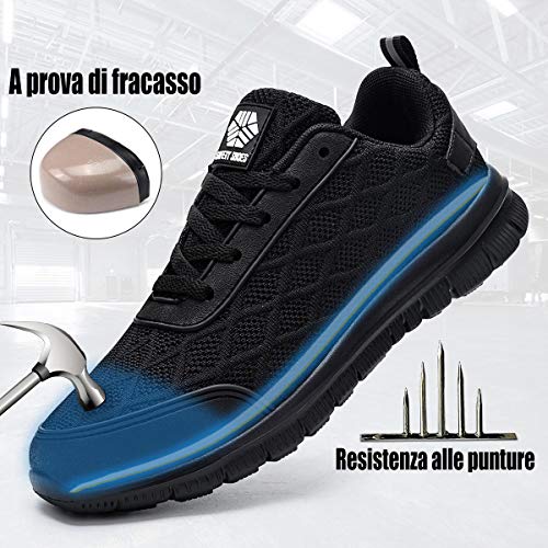 Ziboyue Zapatillas de Seguridad para Hombre Mujer Ligero Transpirable Calzado de Trabajo con Punta de Acero Anti-Pinchazo Zapatos de Seguridad (Negro Puro,42 EU)