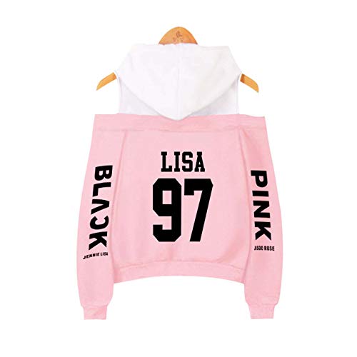 ZIGJOY KPOP Scena Musicale Coreana Strapless Hombro Sudadera con Capucha suéter Sudadera Pullover Rose Jennie Jisoo Lisa para Fans Pink Lisa S