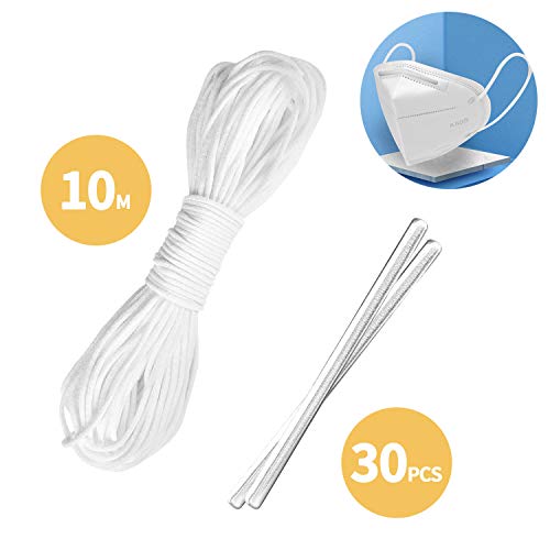 ziidoo Goma Elástica Específica para Mascarillas,Cuerda elástica(3mm 10Metros) y 30pcs Puente Nasal,cintas elásticas redondas blancas para máscara Bricolaje y costura 