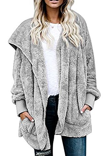 Zilcremo Mujer Lana Chaqueta Cárdigan con Capucha Frente Abierto Abrigo Fleece de Piel Sintética Invierno Grey S