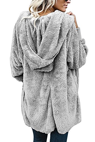 Zilcremo Mujer Lana Chaqueta Cárdigan con Capucha Frente Abierto Abrigo Fleece de Piel Sintética Invierno Grey S