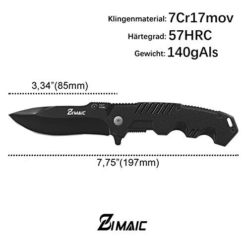 ZIMAIC Cuchillo Plegable Supervivencia, 7Cr17 Acero Inoxidable con Hoja Recubierta de Titanio, Mango de Aluminio, para Acampar, Picnic, Caza