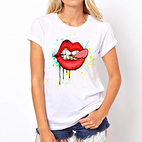 ZJZ Modelos de explosión de AliExpress Labios Atractivos Labios Camiseta Impresa Manga Corta Mujeres de la Camiseta de Las Mujeres del Verano de una generación de Grasa (Color : White, Size : S)