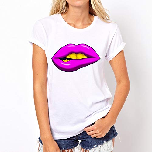 ZJZ Modelos de explosión de AliExpress Labios Atractivos Labios Camiseta Impresa Manga Corta Mujeres de la Camiseta de Las Mujeres del Verano de una generación de Grasa (Color : White, Size : S)