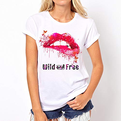 ZJZ Modelos de explosión de AliExpress Labios Atractivos Labios Camiseta Impresa Manga Corta Mujeres de la Camiseta de Las Mujeres del Verano de una generación de Grasa (Color : White, Size : S)