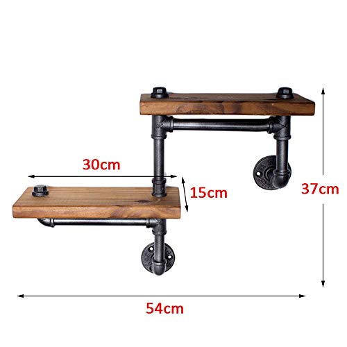 ZKORN Estante de Pared, estantes de Pared Estante Flotante Capas Dobles Tubería de Hierro para Agua Estante de exhibición de Tablero de Madera Industrial Vintage, 54 X 37cm