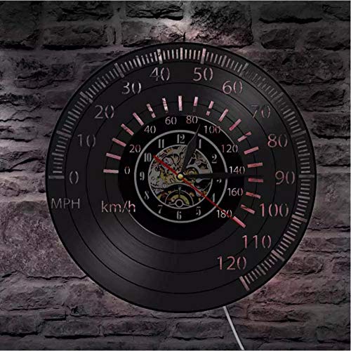 ZMDNL Reloj de Pared con tacómetro Vintage Racer, velocímetro, Reloj de Pared con Registro de Vinilo, Reloj de luz de Pared de Carreras de Motocicletas, Regalo de Conductor de Carreras