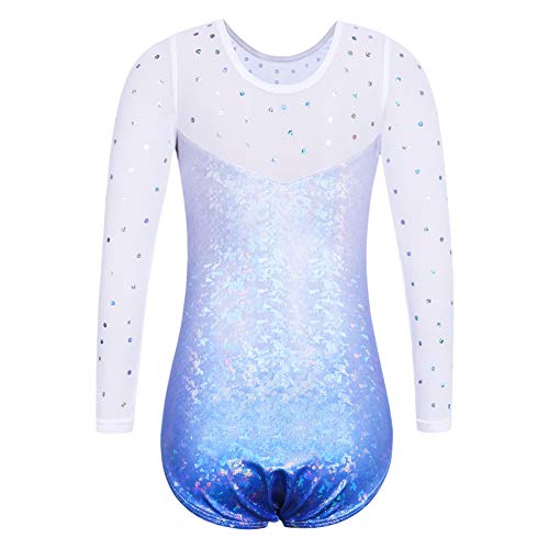 ZNYUNE Niña Maillots de Gimnasia Mangas Largas con Lentejuelas en Tul 268 Azul 8A