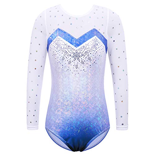 ZNYUNE Niña Maillots de Gimnasia Mangas Largas con Lentejuelas en Tul 268 Azul 8A