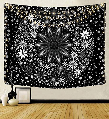 Zodight Tapiz de Pared Negro, Tapices Mandala Tapices Indios Hechos a Mano, Tapiz Psicodélico Bohemio con Patrón Floral, para Dormitorio, Salón, Toalla de Playa, Yoga, Alfombra Picnic