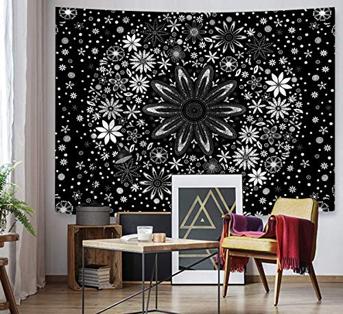 Zodight Tapiz de Pared Negro, Tapices Mandala Tapices Indios Hechos a Mano, Tapiz Psicodélico Bohemio con Patrón Floral, para Dormitorio, Salón, Toalla de Playa, Yoga, Alfombra Picnic