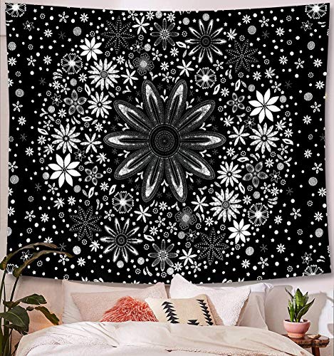 Zodight Tapiz de Pared Negro, Tapices Mandala Tapices Indios Hechos a Mano, Tapiz Psicodélico Bohemio con Patrón Floral, para Dormitorio, Salón, Toalla de Playa, Yoga, Alfombra Picnic