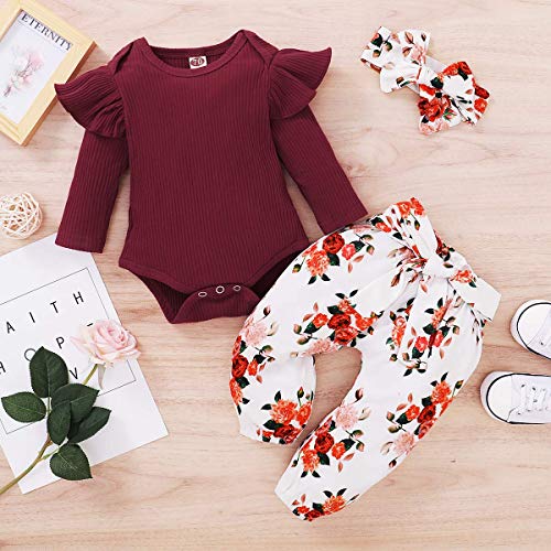 ZOEREA Conjunto de Ropa de Bebé Niña Manga Larga Mameluco con Volantes Mono Body + Pantalones Floral + Venda Recién Nacido Niñas Otoño Primavera Trajes 3 Piezas