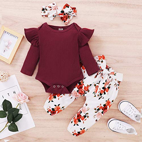 ZOEREA Conjunto de Ropa de Bebé Niña Manga Larga Mameluco con Volantes Mono Body + Pantalones Floral + Venda Recién Nacido Niñas Otoño Primavera Trajes 3 Piezas