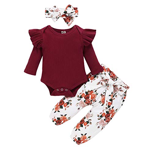 ZOEREA Conjunto de Ropa de Bebé Niña Manga Larga Mameluco con Volantes Mono Body + Pantalones Floral + Venda Recién Nacido Niñas Otoño Primavera Trajes 3 Piezas