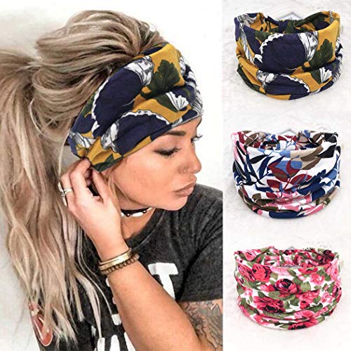 Zoestar Pañuelos anchos boho para la cabeza, con estampado elegante, para yoga, correr, turbante elástico para el pelo para mujeres (paquete de 3)