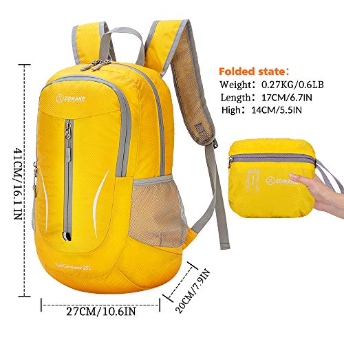 ZOMAKE Mochila Plegable Ligera 25L, Mochilas Pequeñas Compacta para Hombre, Mujer, Viajar, Senderismo, Al Aire Libre(Amarillo)