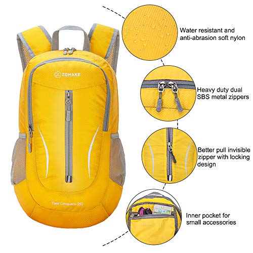 ZOMAKE Mochila Plegable Ligera 25L, Mochilas Pequeñas Compacta para Hombre, Mujer, Viajar, Senderismo, Al Aire Libre(Amarillo)