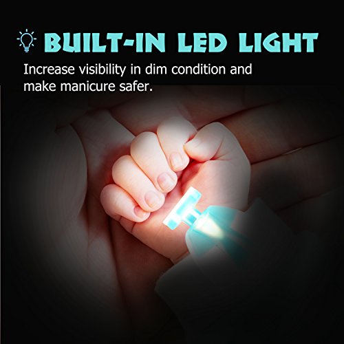 Zooawa kit de cortaúñas para bebés mamás, Juego de manicura para los dedos y pies de bebés y adultos, eléctrico cortador de uñas, con luz LED, Batería AA - Azul Claro