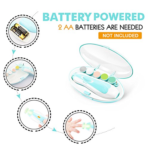 Zooawa kit de cortaúñas para bebés mamás, Juego de manicura para los dedos y pies de bebés y adultos, eléctrico cortador de uñas, con luz LED, Batería AA - Azul Claro