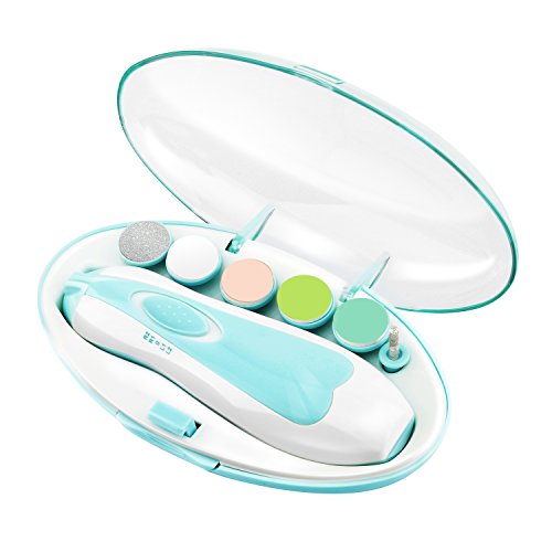 Zooawa kit de cortaúñas para bebés mamás, Juego de manicura para los dedos y pies de bebés y adultos, eléctrico cortador de uñas, con luz LED, Batería AA - Azul Claro