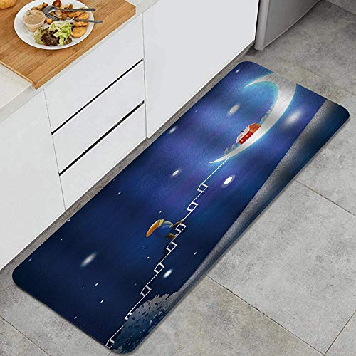 ZORMIEY Alfombras Cocina Antideslizante Alfombra de Baño 45x120cm,Niños de Dibujos Animados Azul Cielo Estrellado niño subiendo la Escalera a la casa roja de la Luna Brillante en la Luna