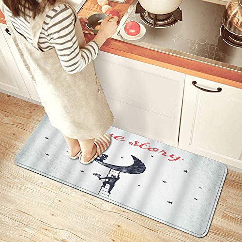 ZORMIEY Alfombras Cocina Lavable Antideslizante Alfombrilla de Goma Alfombra de Baño Alfombrillas Cocina 45x120cm,Bosquejo del Concepto Historia Amor con Niño Niña Flores Subir Escaleras Luna