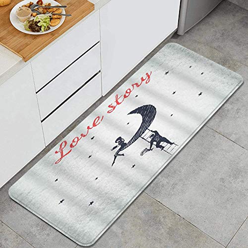 ZORMIEY Alfombras Cocina Lavable Antideslizante Alfombrilla de Goma Alfombra de Baño Alfombrillas Cocina 45x120cm,Bosquejo del Concepto Historia Amor con Niño Niña Flores Subir Escaleras Luna