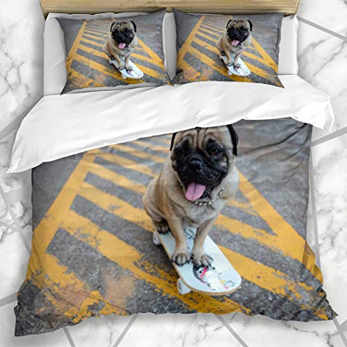 ZORMIEY Ropa de Cama - Funda nórdica Jugando Cute Pug Dog Skateboard On Road Wildlife Extreme Pet Puppy Sport Microfibra Nuevo Set de Tres Piezas Funda de edredón 220 * 240