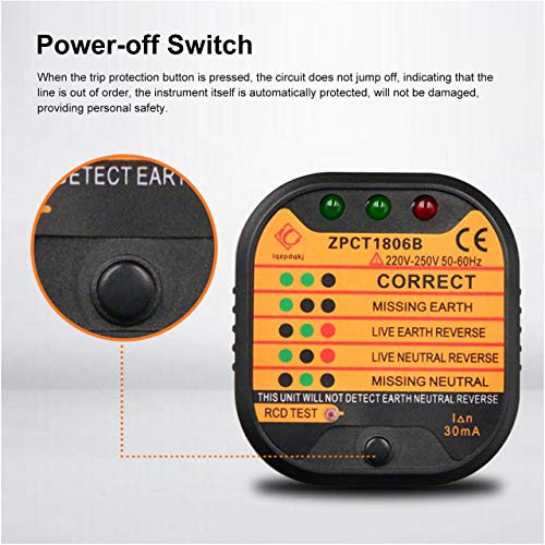 ZPCT1806B Probador de toma de corriente Detector Circuito Polaridad Voltaje Interruptor de enchufe Interruptor de línea de puesta a tierra de la UE Interruptor Electroscopio de seguridad (Negro) Jasny