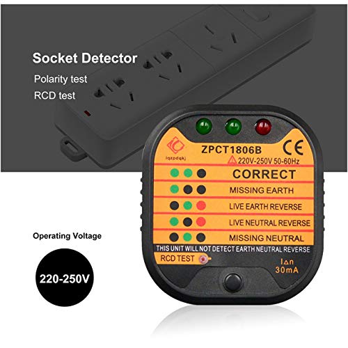 ZPCT1806B Probador de toma de corriente Detector Circuito Polaridad Voltaje Interruptor de enchufe Interruptor de línea de puesta a tierra de la UE Interruptor Electroscopio de seguridad (Negro) Jasny