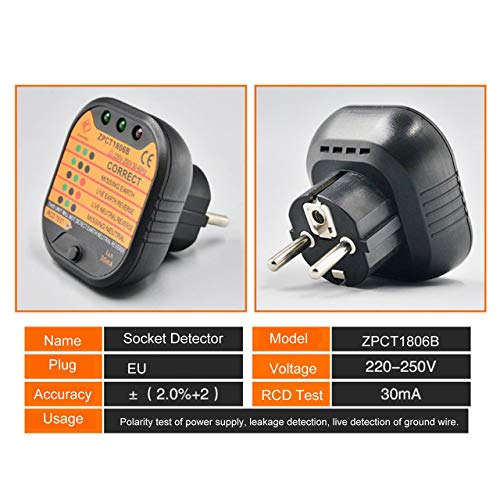 ZPCT1806B Probador de toma de corriente Detector Circuito Polaridad Voltaje Interruptor de enchufe Interruptor de línea de puesta a tierra de la UE Interruptor Electroscopio de seguridad (Negro) Jasny ZPCT1806B Probador de toma de corriente Detector Circuito Polaridad Voltaje Interruptor de enchufe Interruptor de línea de puesta a tierra de la UE Interruptor Electroscopio de seguridad (Negro) Jasny
