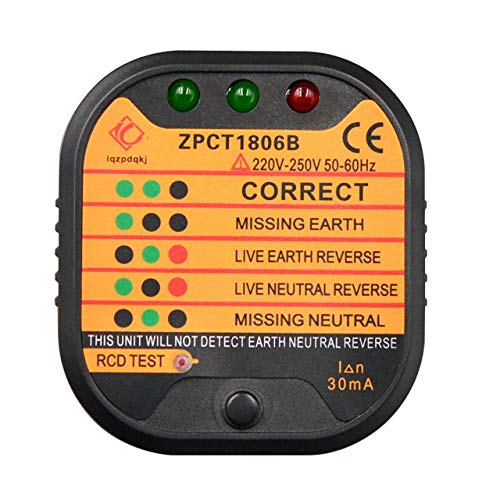 ZPCT1806B Probador de toma de corriente Detector Circuito Polaridad Voltaje Interruptor de enchufe Interruptor de línea de puesta a tierra de la UE Interruptor Electroscopio de seguridad (Negro) Jasny