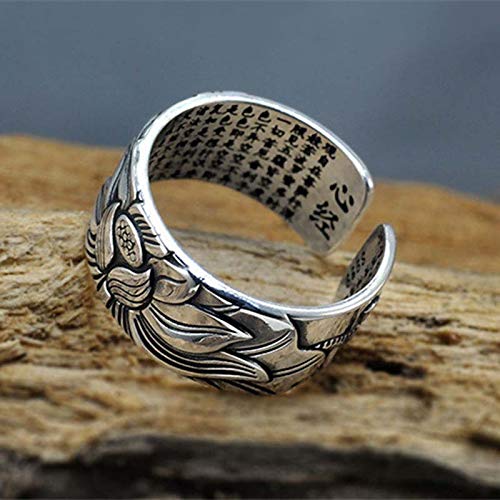 ZUHANGMENG Anillo abierto de flor de loto, plata 999 100% real, joyería retro, tamaño libre, anillo budista corazón sutra, anillos de regalo para hombres y mujeres ZUHANGMENG Anillo abierto de flor de loto, plata 999 100% real, joyería retro, tamaño libre, anillo budista corazón sutra, anillos de regalo para hombres y mujeres