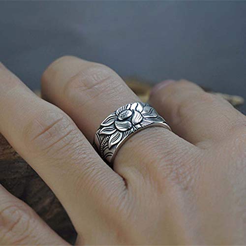 ZUHANGMENG Anillo abierto de flor de loto, plata 999 100% real, joyería retro, tamaño libre, anillo budista corazón sutra, anillos de regalo para hombres y mujeres