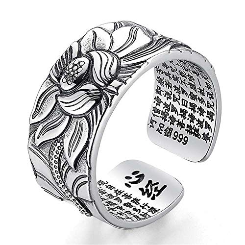 ZUHANGMENG Anillo abierto de flor de loto, plata 999 100% real, joyería retro, tamaño libre, anillo budista corazón sutra, anillos de regalo para hombres y mujeres