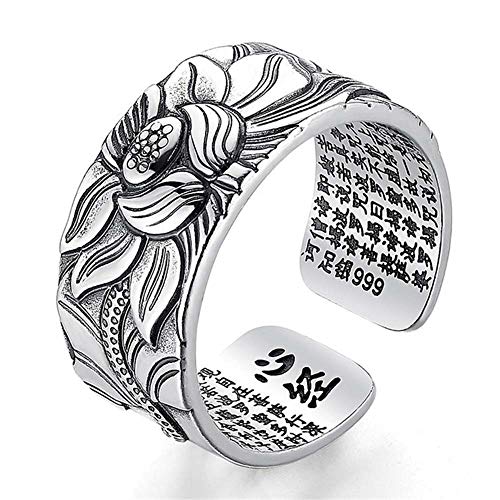 ZUHANGMENG Anillo abierto de flor de loto, plata 999 100% real, joyería retro, tamaño libre, anillo budista corazón sutra, anillos de regalo para hombres y mujeres ZUHANGMENG Anillo abierto de flor de loto, plata 999 100% real, joyería retro, tamaño libre, anillo budista corazón sutra, anillos de regalo para hombres y mujeres