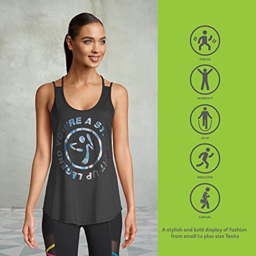 Zumba Active Easy Fit - Camiseta de tirantes para mujer, diseño gráfico, con tiras y tiras para entrenamiento, color negro Zumba Active Easy Fit - Camiseta de tirantes para mujer, diseño gráfico, con tiras y tiras para entrenamiento, color negro