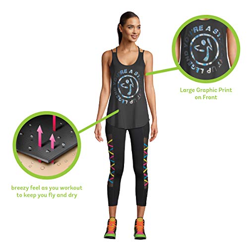 Zumba Active Easy Fit - Camiseta de tirantes para mujer, diseño gráfico, con tiras y tiras para entrenamiento, color negro Zumba Active Easy Fit - Camiseta de tirantes para mujer, diseño gráfico, con tiras y tiras para entrenamiento, color negro